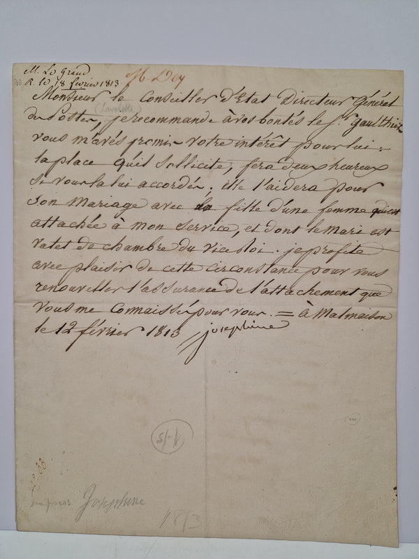 Letter signed "Josephine", addressed to the "Directeur Général des Postes," Malmaison, 12 February 1813.